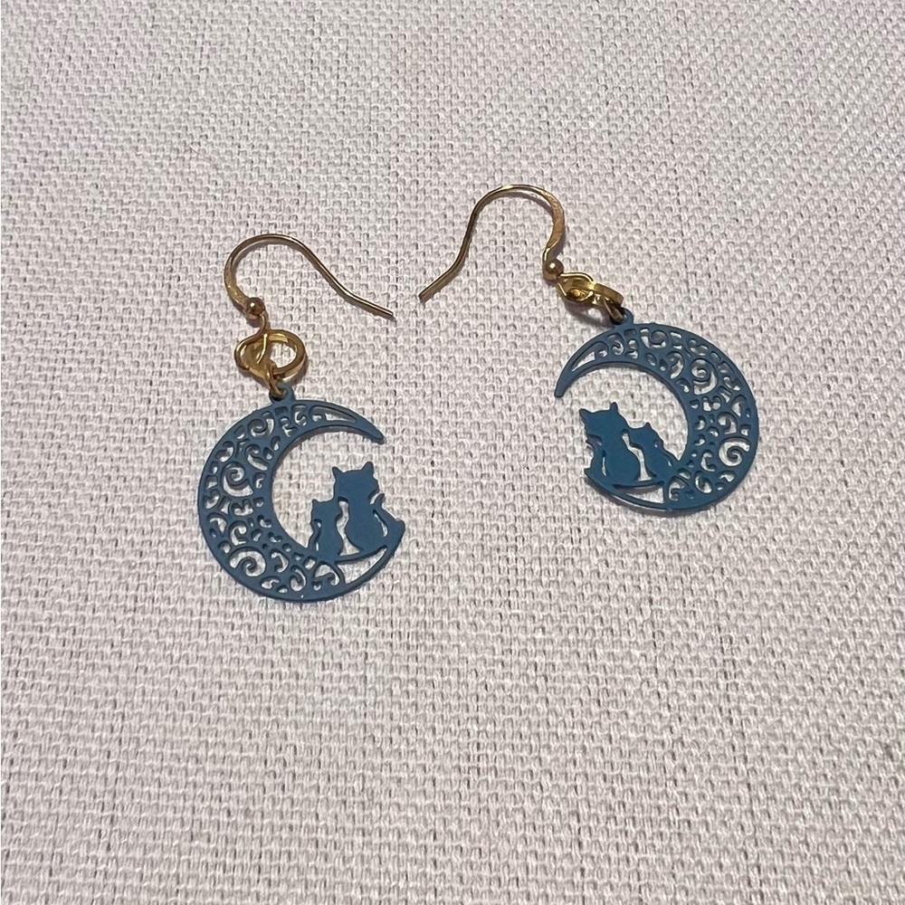 Blue Cats on the Moon Earrings